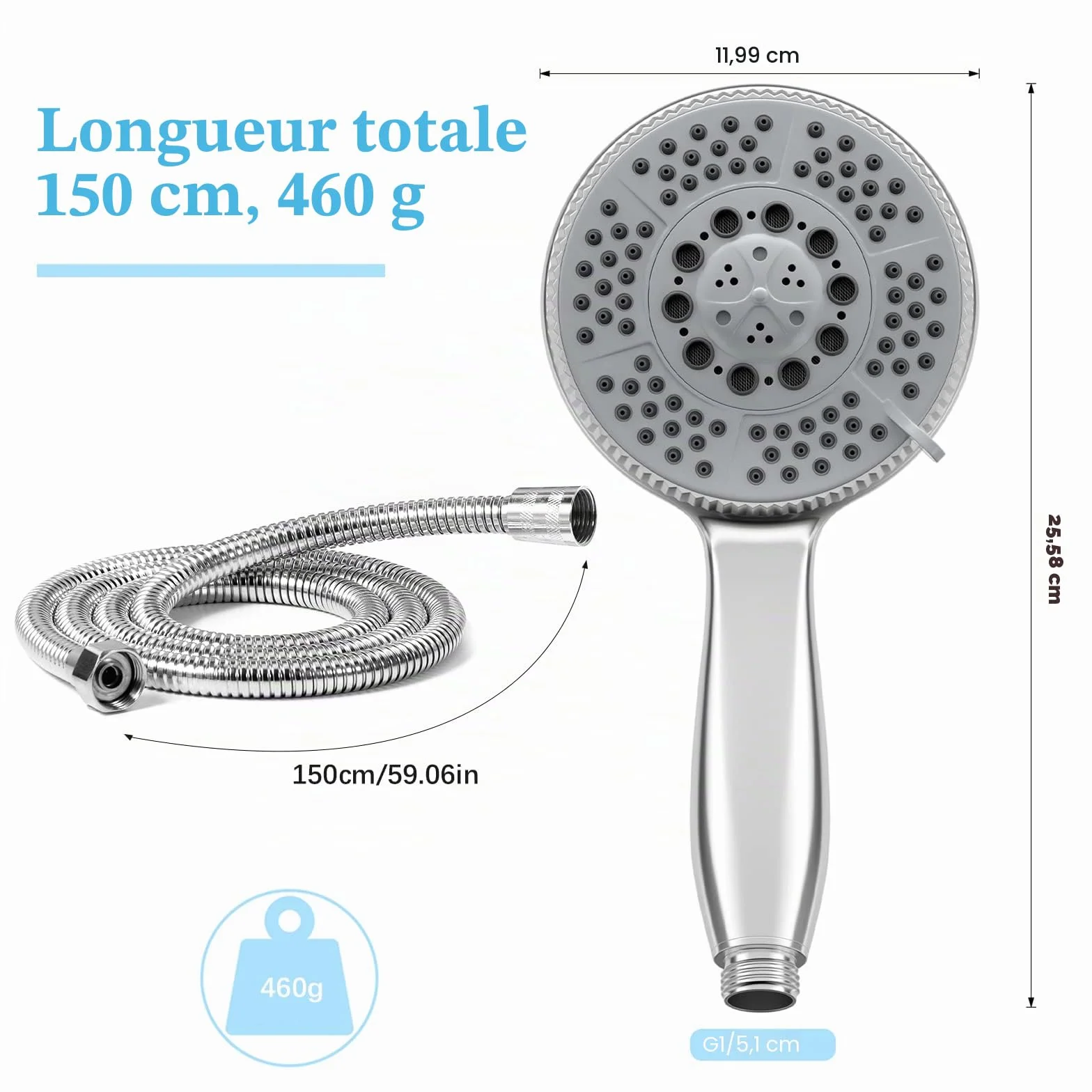 Pommeau de douche 1,5 m tuyau en acier 5 fonctions jets haute pression ABS chromé anticalcaire