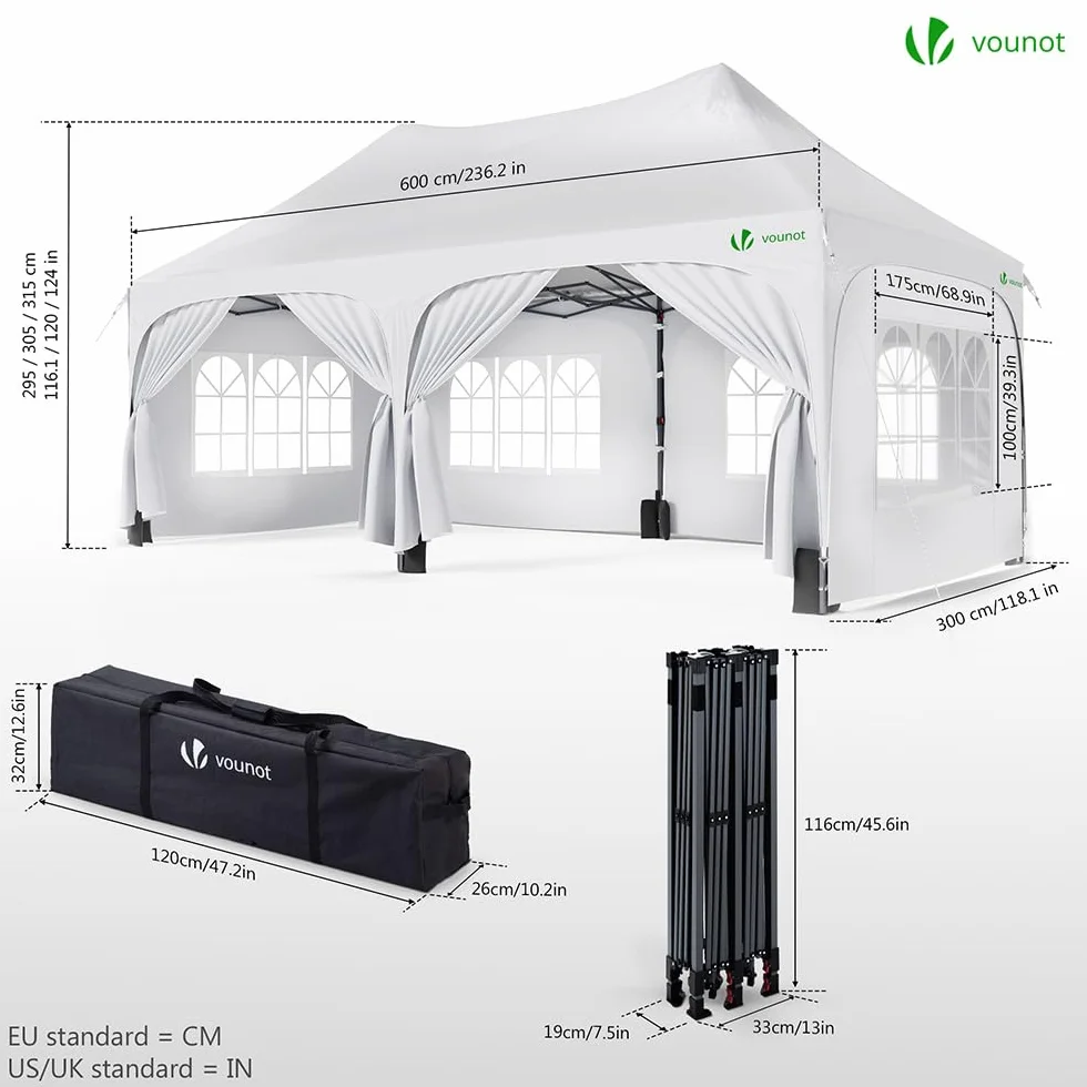 VOUNOT® Tonnelle de Jardin Extérieur 3x6m Barnum Pliant avec 6 Parois Amovibles et 6 Sacs de Sable Tente de Reception Imperméable et Anti-UV pour Camping Festival Mariage Sac de Transport Inclus Blanc