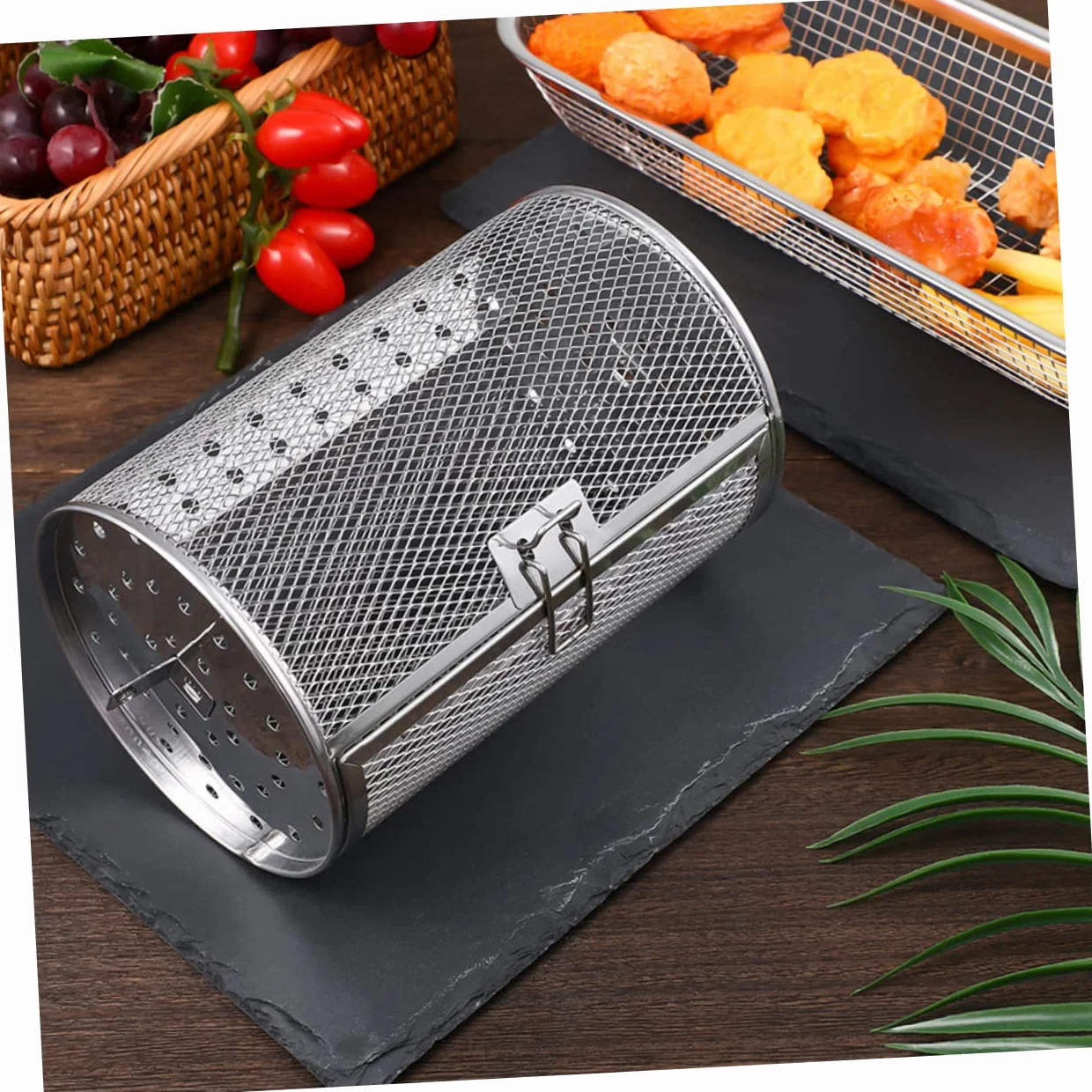 Yardwe Panier De Four À Tambour En Acier Inoxydable 25X14X14Cm Cage De Rôtissoire Rotative Accessoire De Cuisson Pour Barbecue Et Friteuse À Air