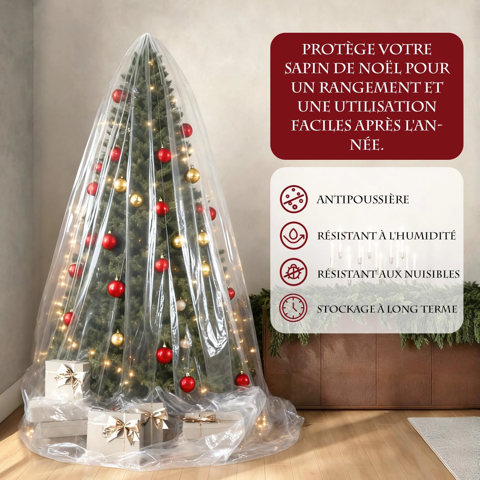Sac de Rangement pour Sapin de Noël Arbre Transport étanche Extra Large,2,7 m de Haut par 1,8 m de Large,Sac en Plastique Imperméable - Clear