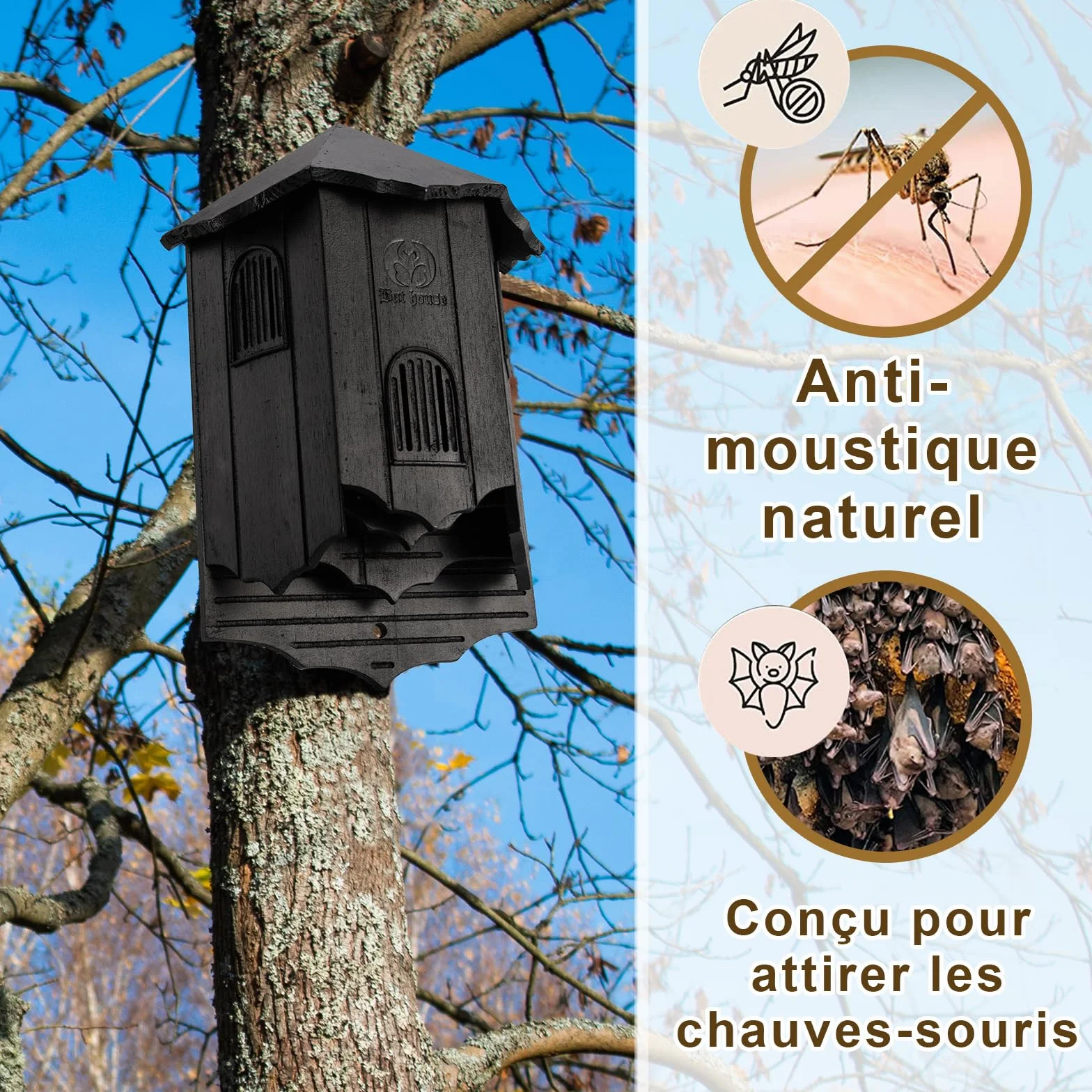 VIREESR Maison chauve-souris bois extérieur grande boîte trois compartiments durable facile accrocher