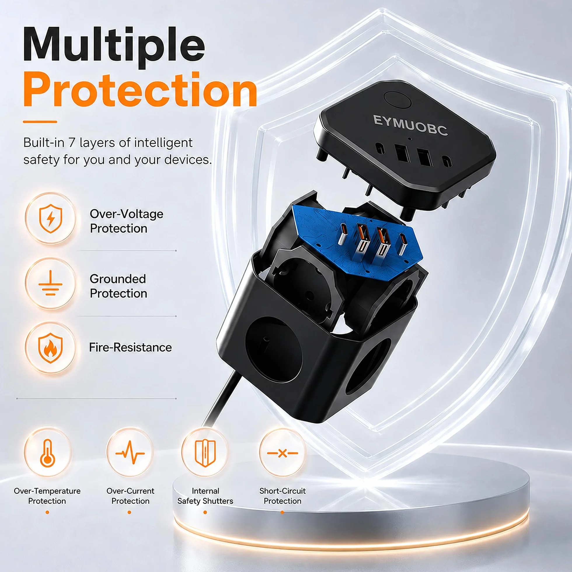 Multiprise 8-en-1 avec USB C PD 20W 3680W et Interrupteur Rallonge Électrique 2M