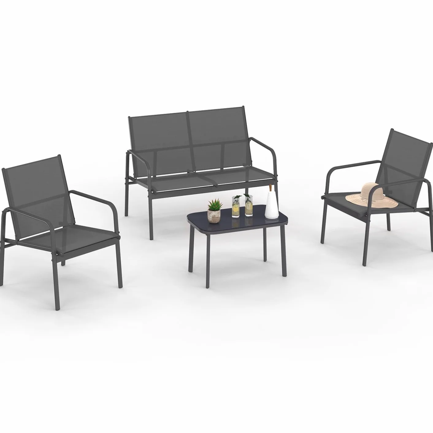 Salon de Jardin TOLEDE 4 Places Canapé Fauteuils Table Gris Anthracite