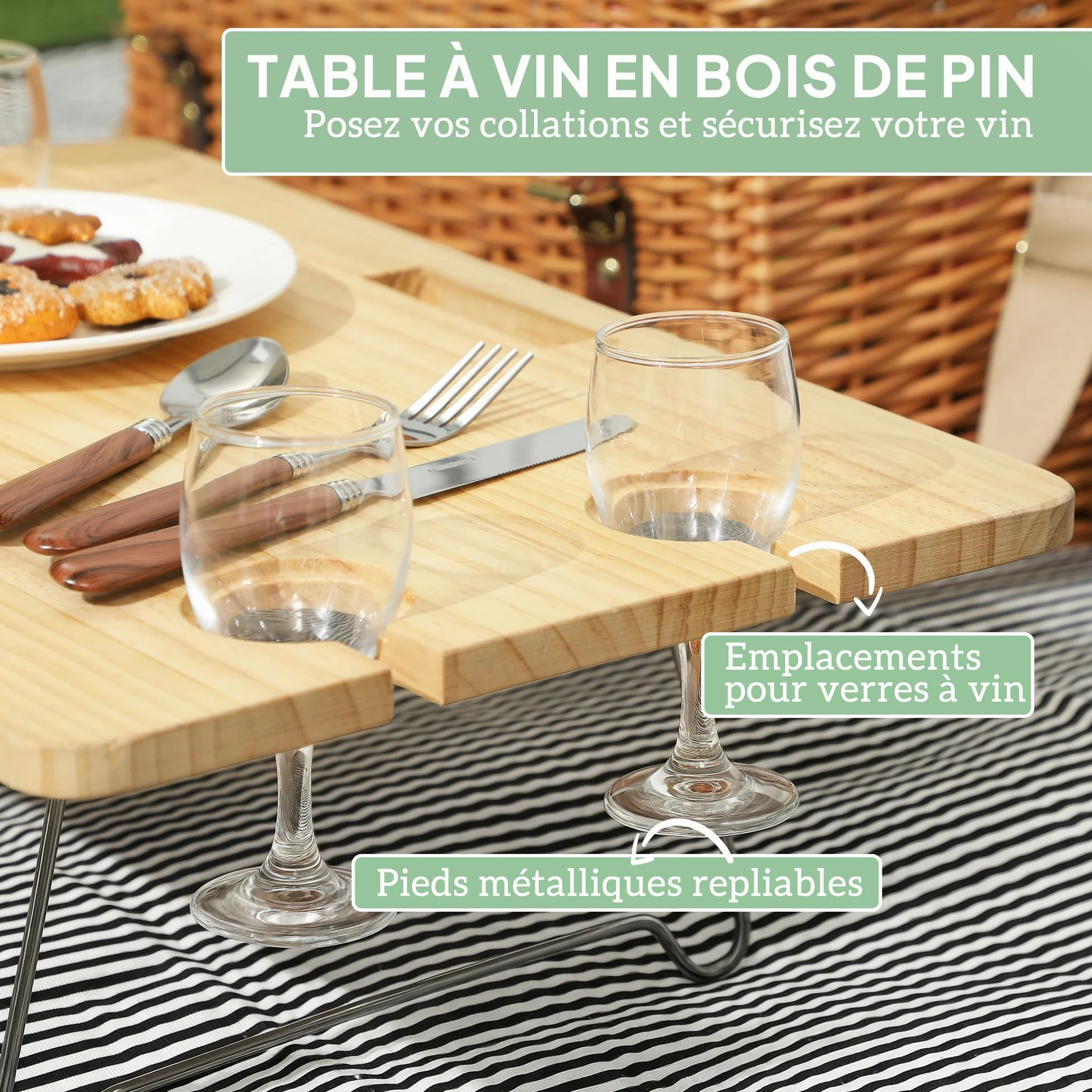 Outsunny Panier Pique-Nique en Osier 4 Personnes avec Table à vin en pin, Panier de Pique-Nique avec Sangle Ajustable pour extérieur, Camping, fête, Anniversaire, Noël, Marron Clair