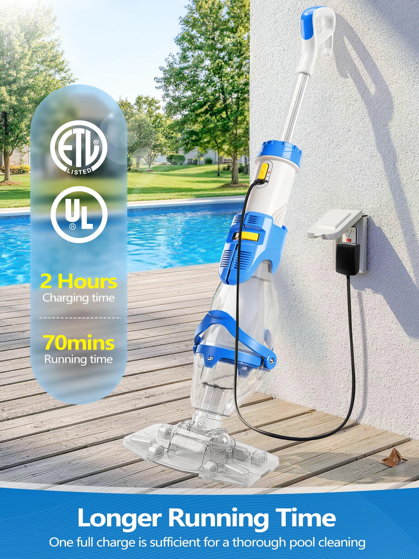 LanOcean Aspirateur Piscine Hors Sol, 2 Modes Aspirateurs Piscines Batterie Débit 4300 L/H, Manuel Aspirateur Piscine sans Fil avec Tige Télescopique, Autonomie 70min Aspirateurs Balai Piscines Spas