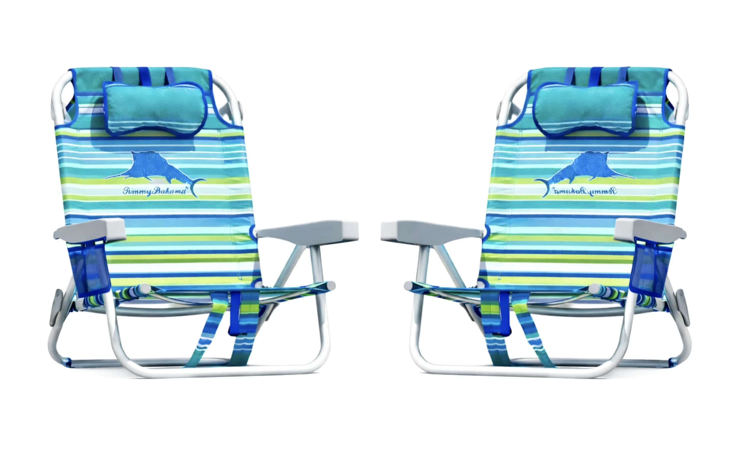 Tommy Bahama Lot de 2 chaises de Plage à 5 Positions, Pochette Cargo Isotherme à Fermeture éclair, Porte-gobelets et téléphone Portable, Barre de Serviette, Oreiller pour Plus de Confort, capacité de