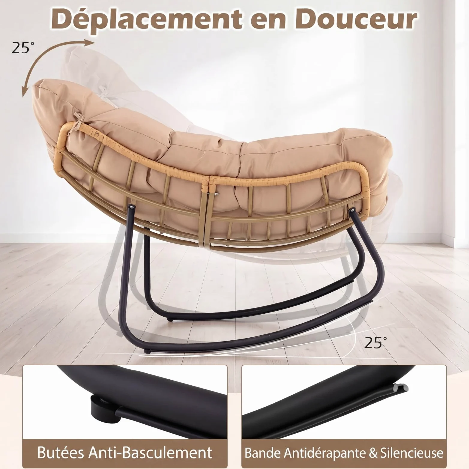 COSTWAY Fauteuil à Bascule Exterieur Interieur XXL, Fauteuil de Jardin en Rotin PE Tressé, Cadre en Métal, Coussin Épais Amovible, Rocking Chair pour Balcon Salon Porche, Charge 140 kg (Beige)