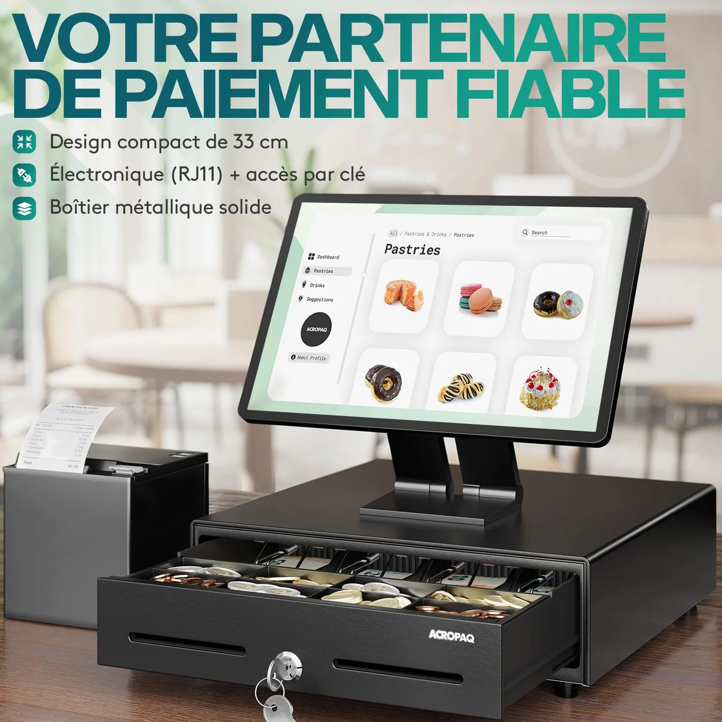 ACROPAQ Tiroir caisse métal 34 x 33 x 10 cm Compatible caisse enregistreuse RJ11 4 compartiments monnaie 8 billets