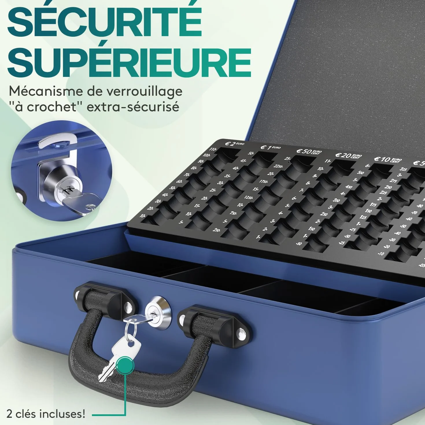 ACROPAQ Caisse monnaie grande professionelle avec monnayeur et 2 clés, Bleu