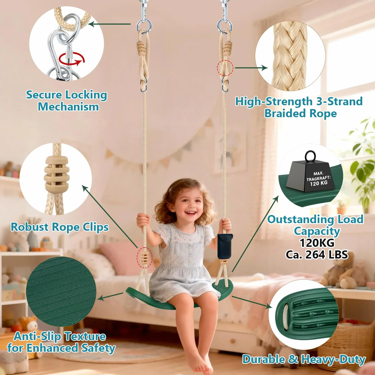 Balançoire d'arbre pour Enfants 120 kg avec Cordes réglables Vert