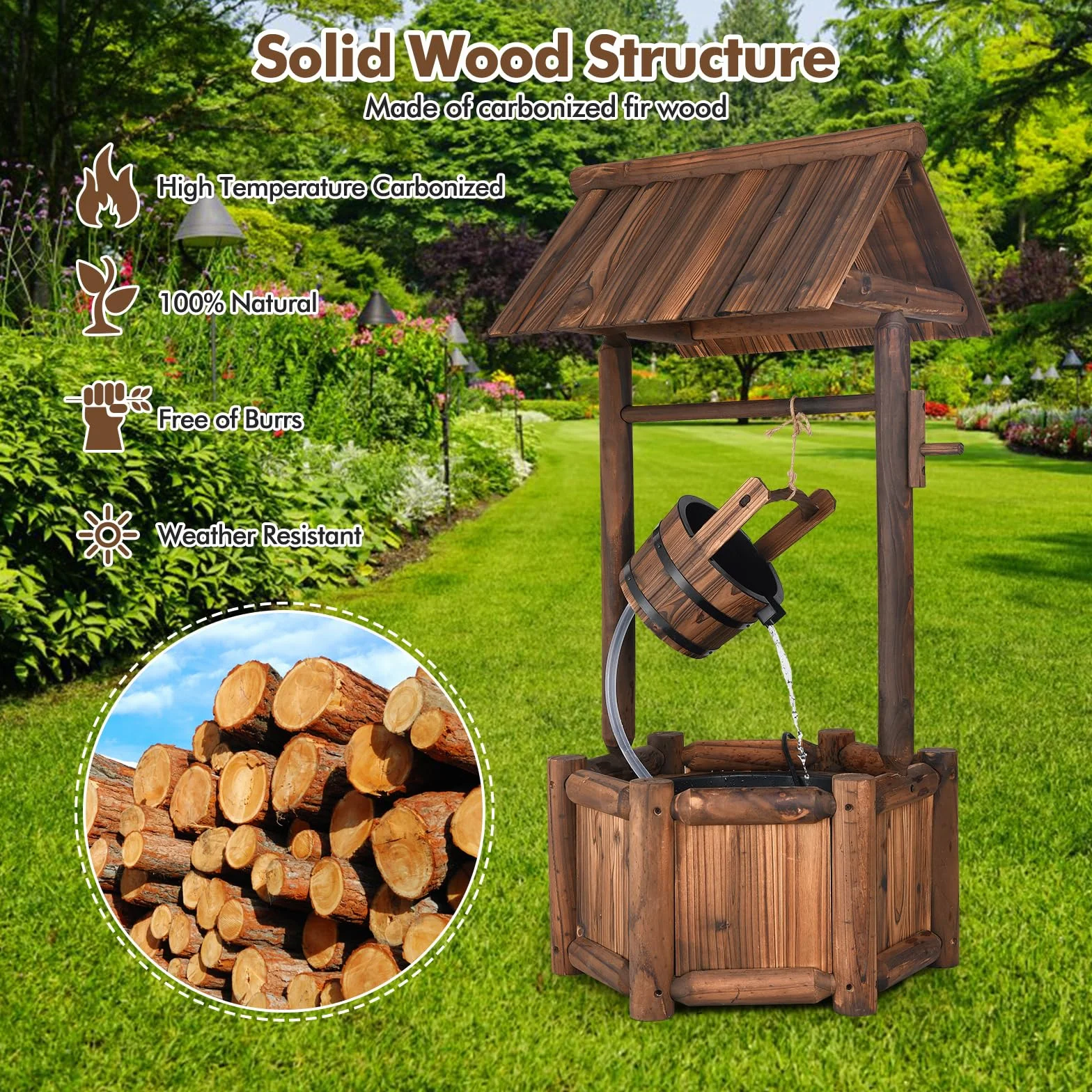 SOARS Fontaine Exterieure de Jardin 58 X 58 X 114 CM, Puit Decoration Jardin en Bois de Sapin avec Toit pour l'Extérieur, Seau Réglable en Hauteur, pour Cour, Pelouse, Jardin (58 X 58 X 114 CM)