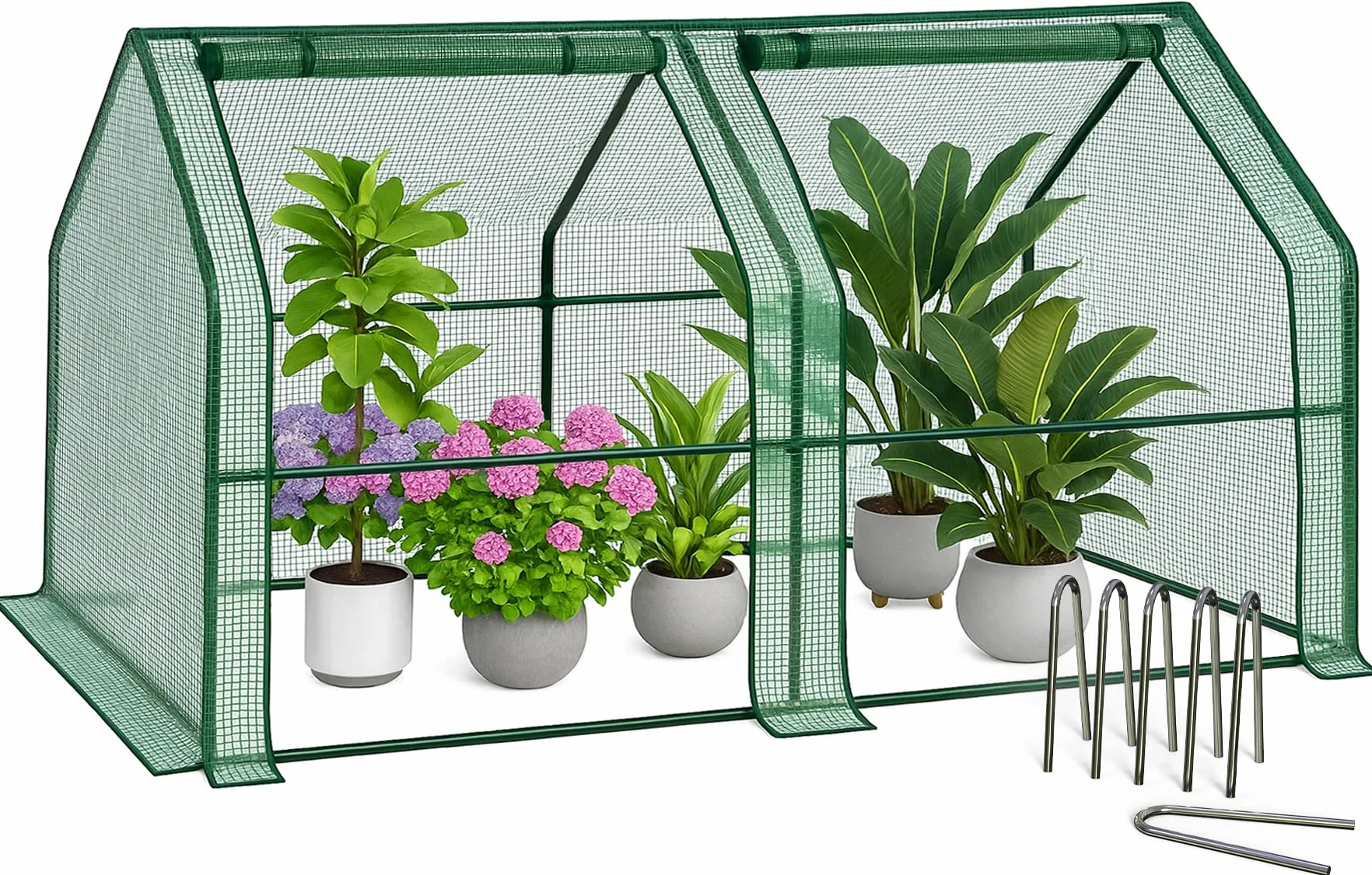 VOUNOT ® Mini Serre de Jardin à Toit Pointu avec 2 fenêtres avec Zip enroulables Bâche PE renforcée 135g/m2 pour semis Plantes Fleurs légumes 180x90x90cm Vert
