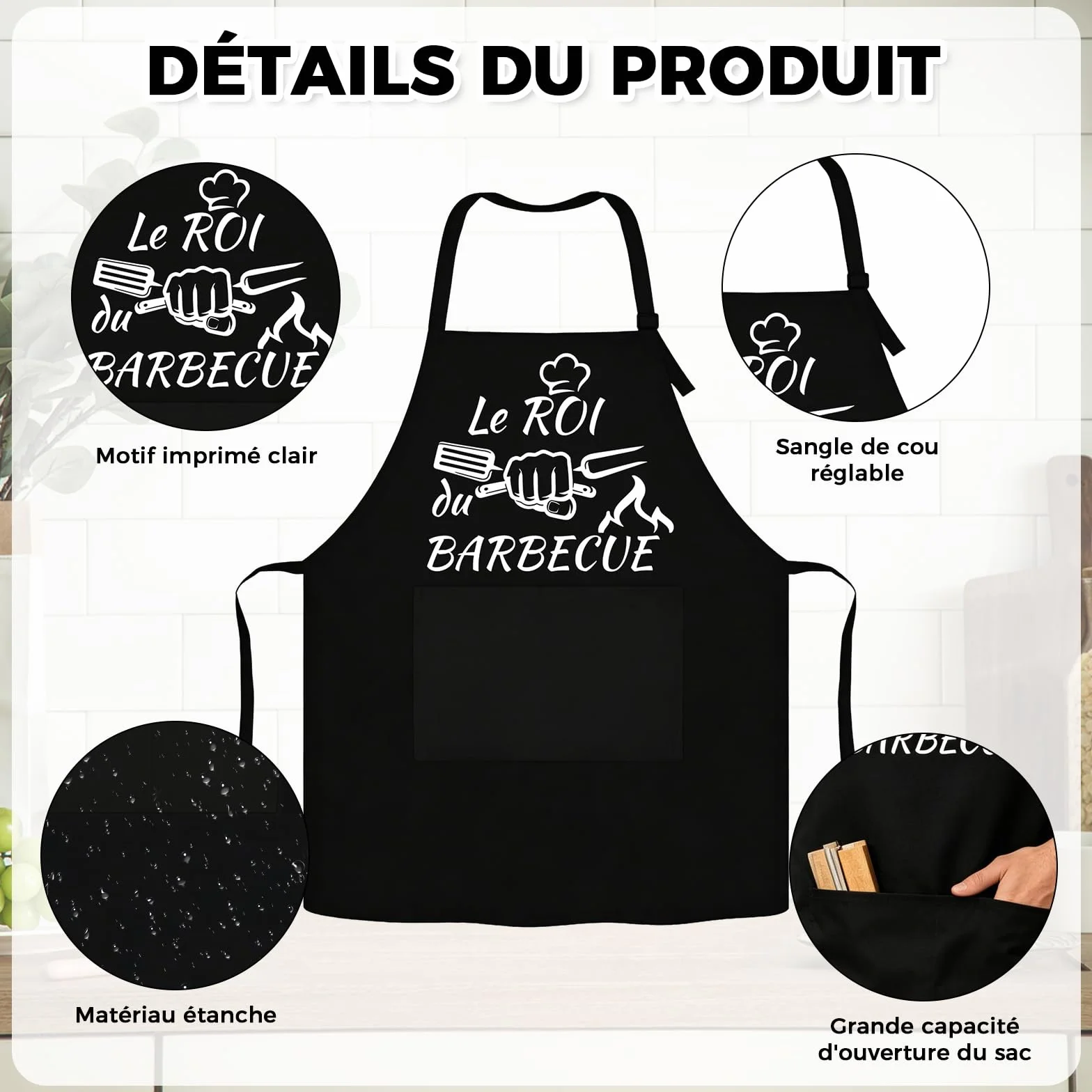 Tablier Cuisine Homme Femme - Tablier Barbecue Humour Réglable Noir Étanche avec Poche, Cadeau Anniversaire Homme Femme, Cadeau Rigolo pour Cuisson en Plein Air, Idéal pour Papa, Maman, Frère et Sœur