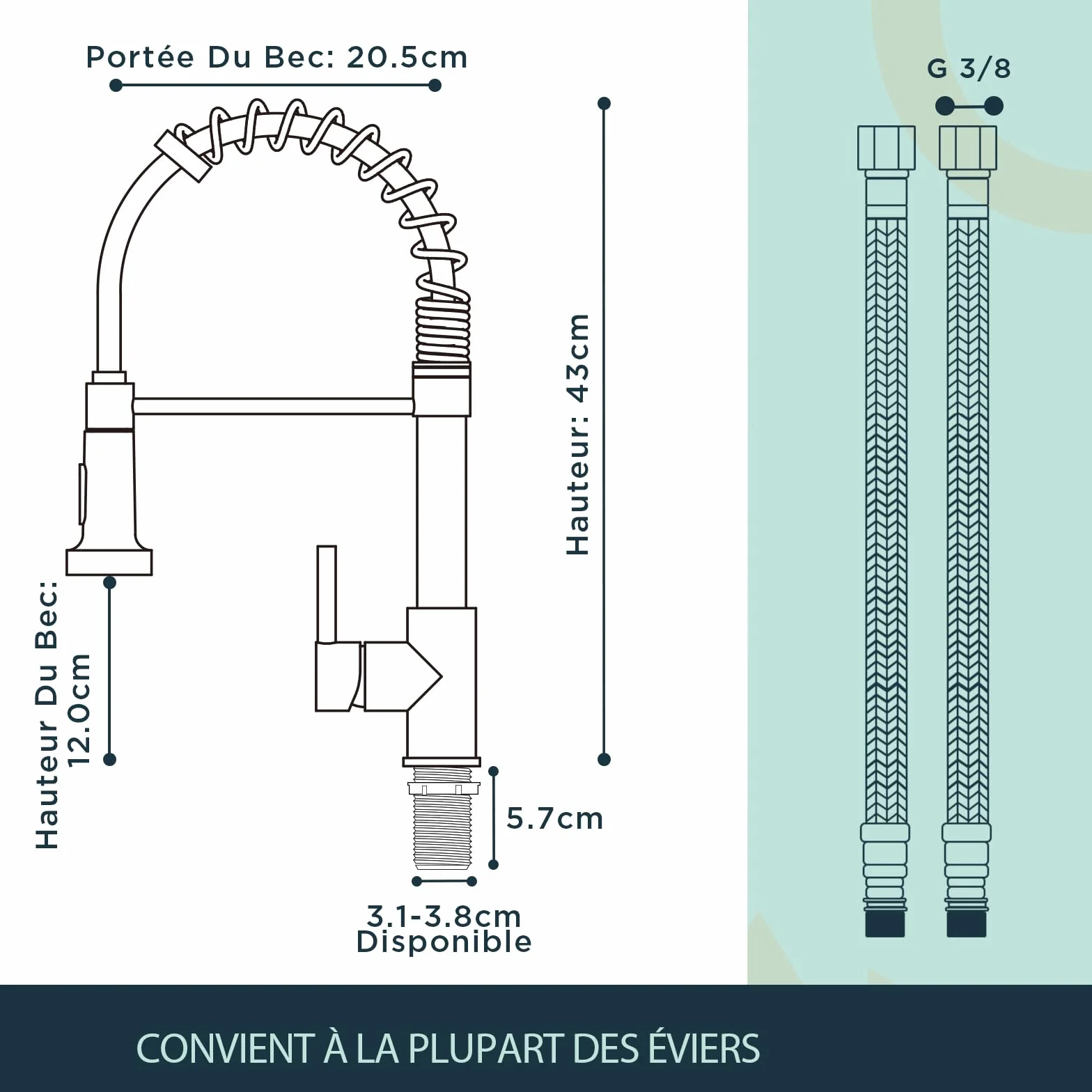 FORIOUS Robinet Cuisine Mitigeur Avec Douchette Pivotant 360° Évier Arc Élevé Pulvérisateur Escamotable 2 Modes Acier Inoxydable