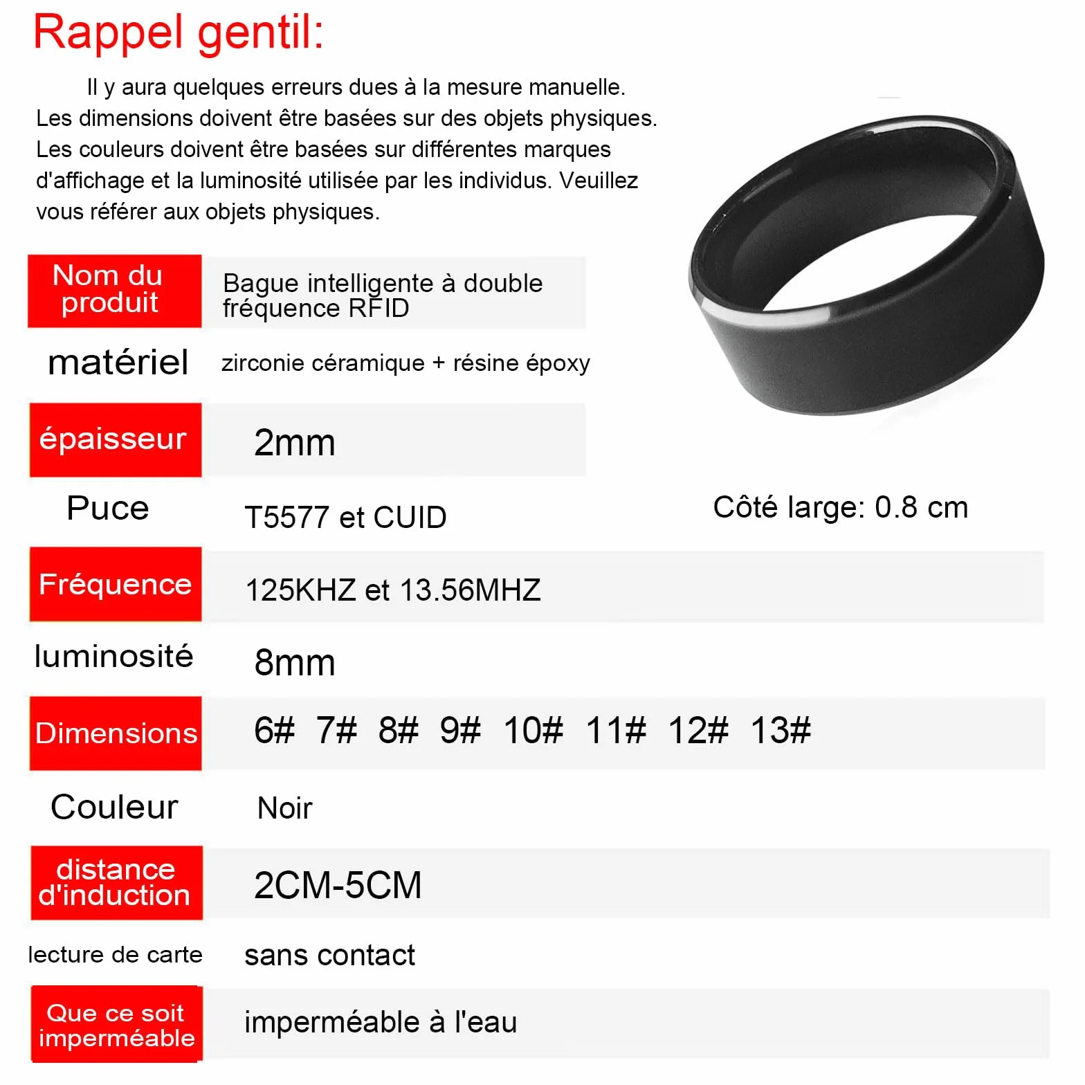 RFID Rewritable Dual Frequency 125kHz t5577 & 13.56MHz CUID Noir Ceramics Smart Finger Ring for Men Women