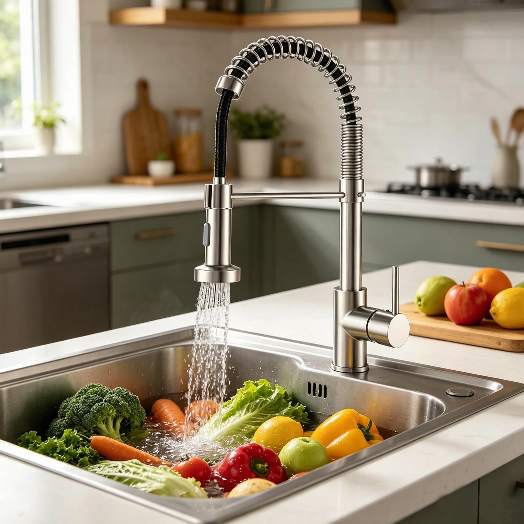 JUNSHENG Robinet de cuisine extractible, mélangeur acier inoxydable haute pression pivotant 360°, nickel brossé