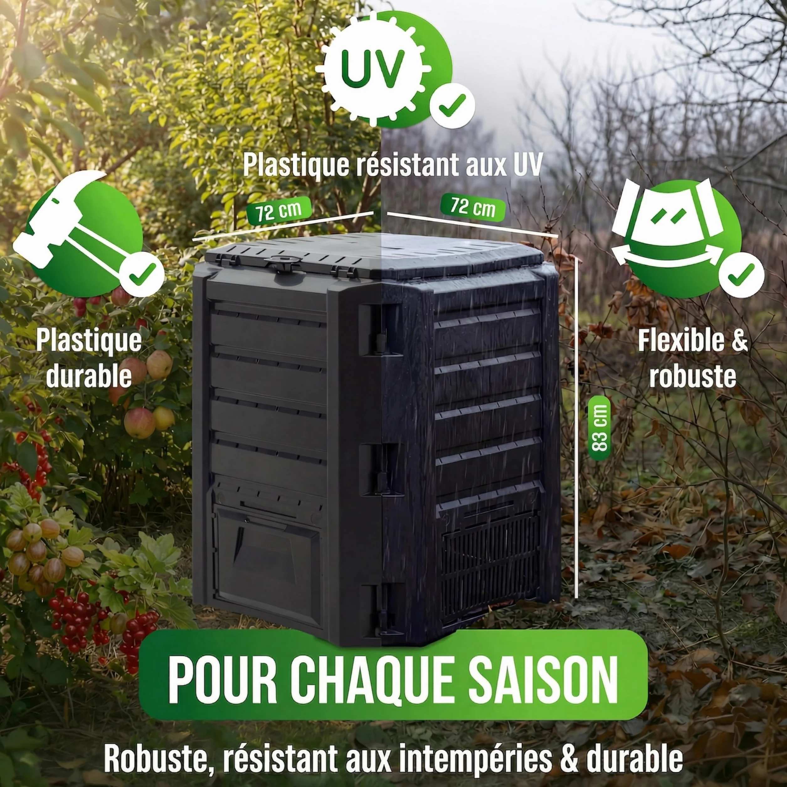 Composteur de Jardin 800 L Plastique Noir avec Couvercle et Trappe d'extraction