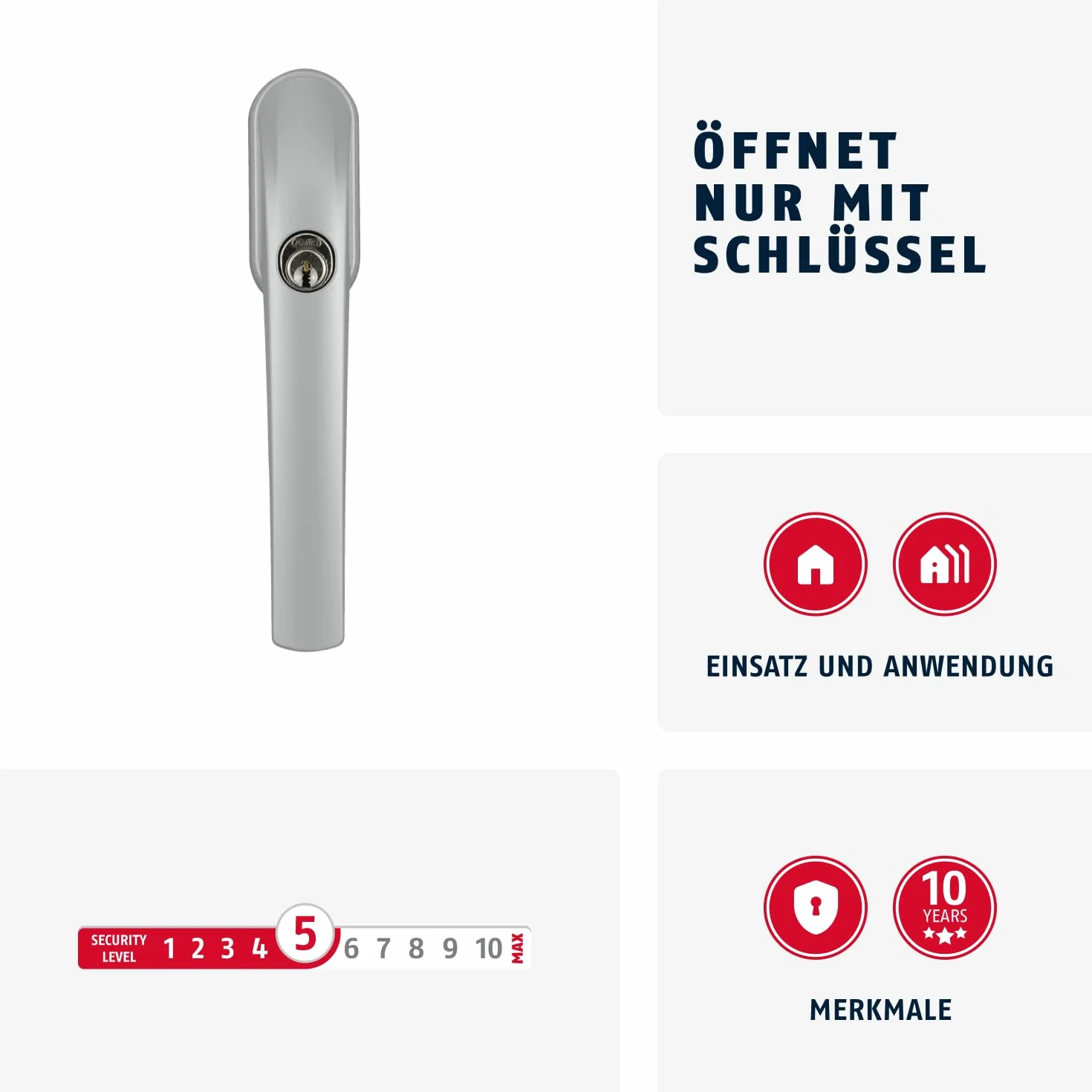 ABUS FG300 Poignée de Fenêtre Verrouillable avec Cylindre Poussoir, Sécurité Niveau 5, Argent