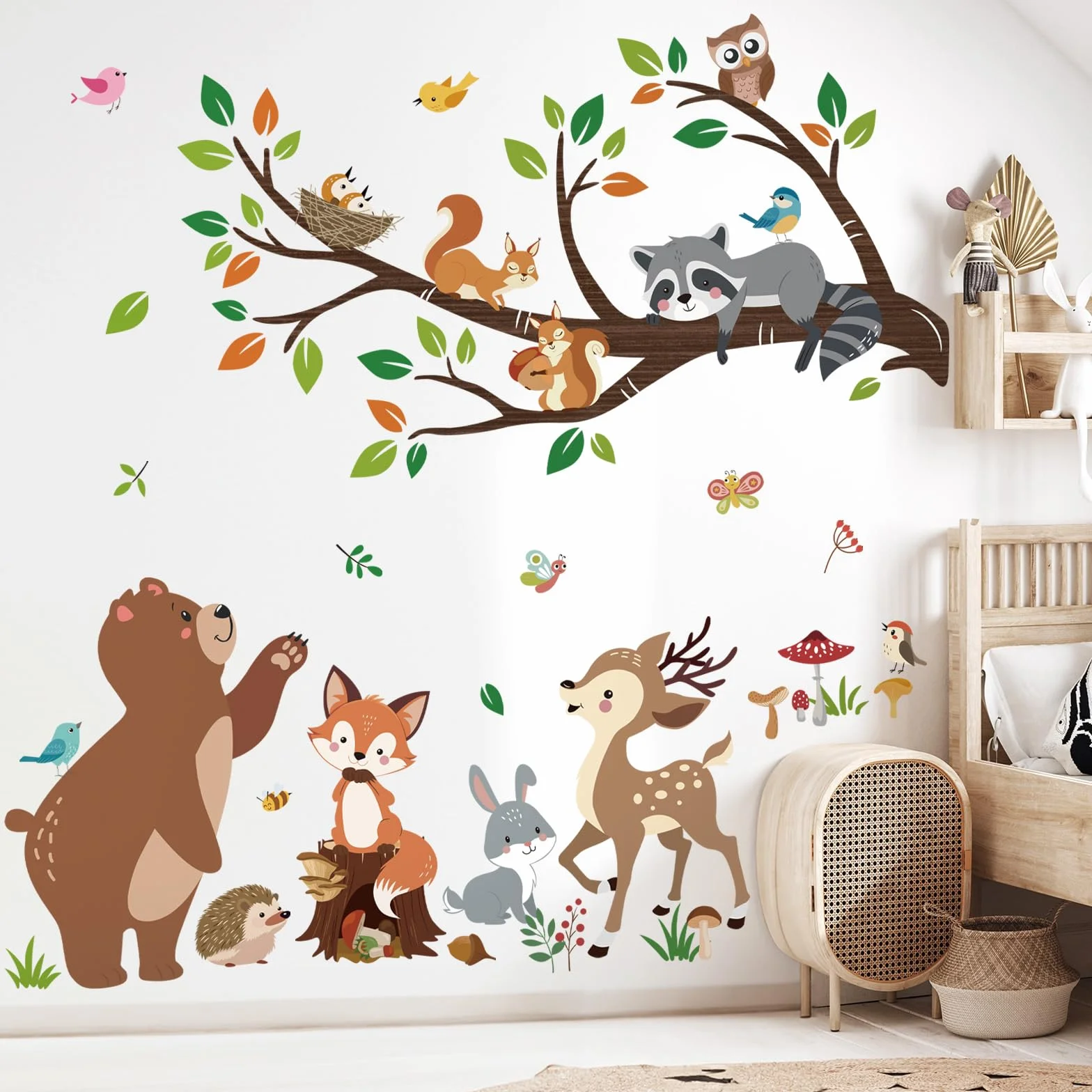 Autocollant Mural Animaux Forêt Arbre Branche Ours Renard Cerf Décoration Murale Bébé Chambre Enfants
