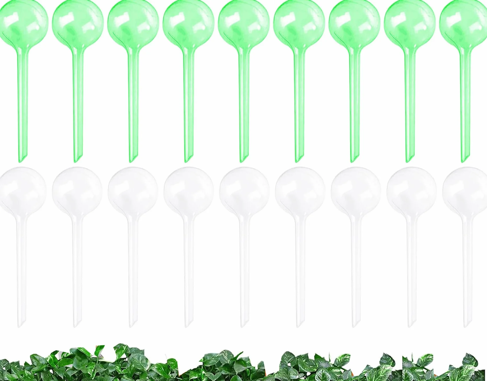 Lot de 18 boules d'irrigation pour plantes, petites plantes, 13 x 5 cm, boules d'irrigation, boules d'irrigation, pour l'intérieur et l'extérieur, vert + transparent