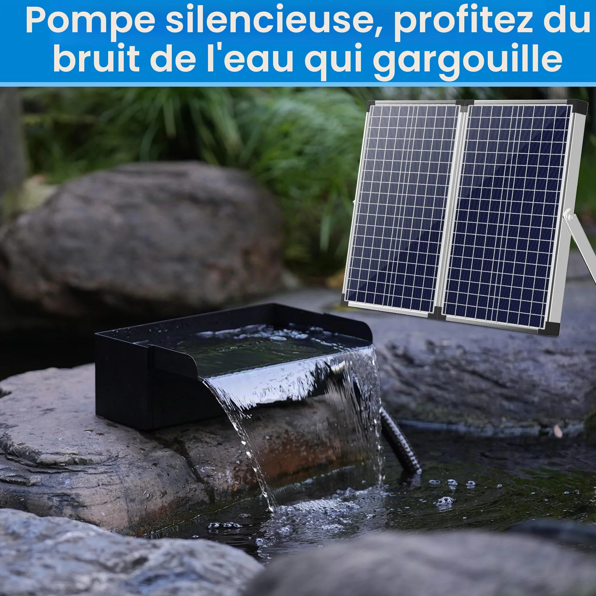 Kit de cascade solaire pour bassin 70 W 30 cm acier inoxydable pompe à trop-plein