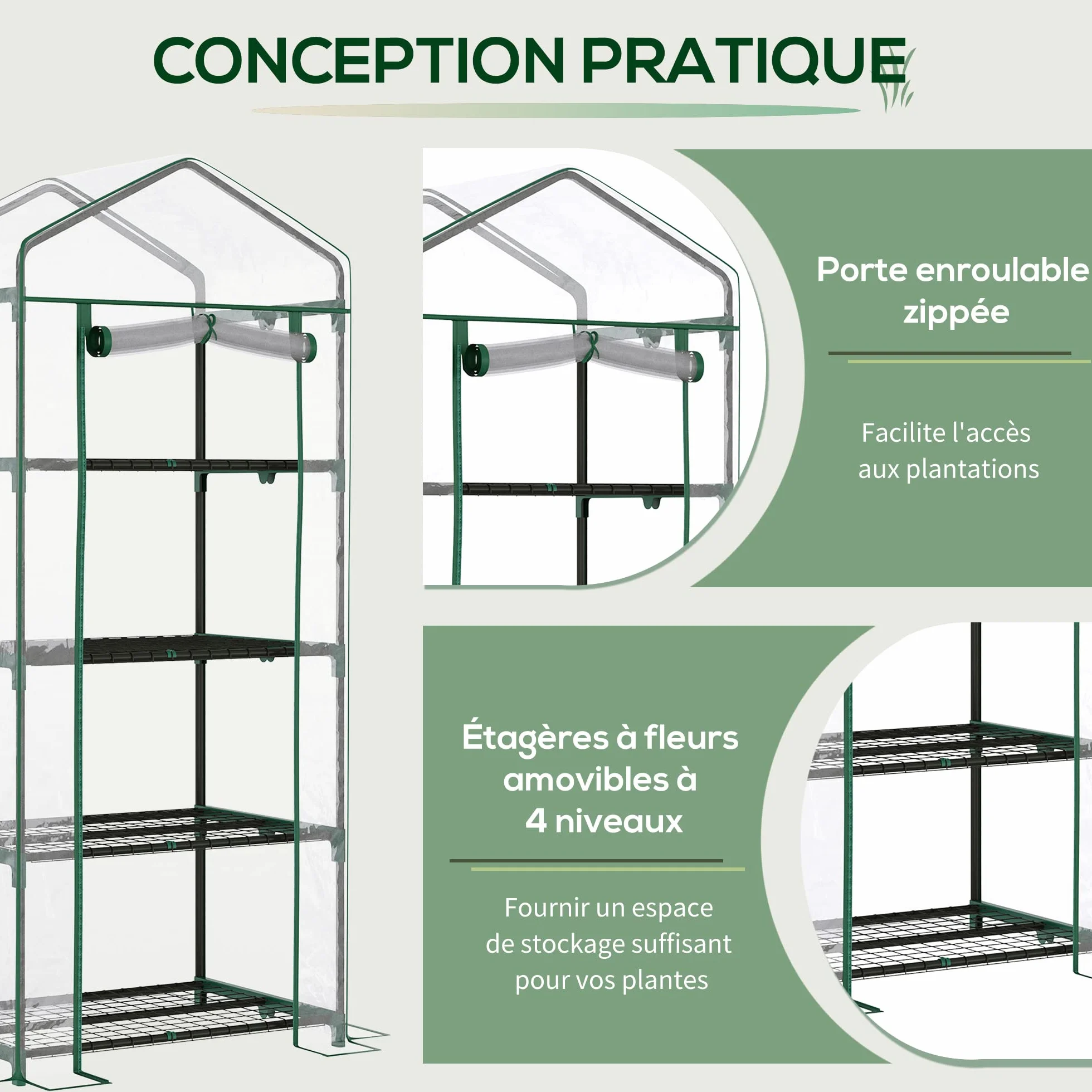 Outsunny Serre de Jardin PVC avec Étagères 4 Niveaux, Serre de Balcon, Bâche Renforcée 140g/m², Châssis en Acier, Porte Zippée Enroulable, pour Légumes et Plantes, Extérieur, 70x50x160cm, Transparente