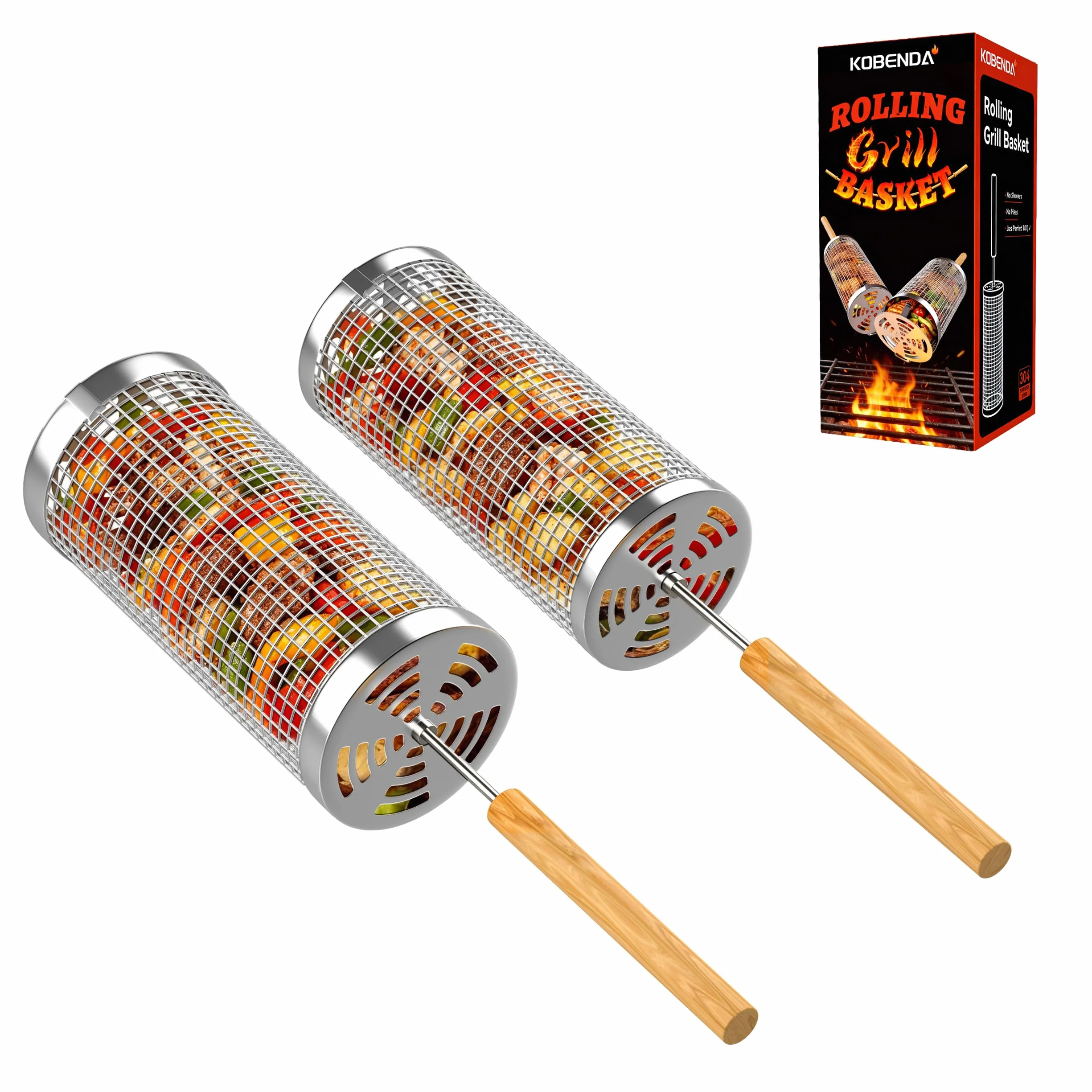 Panier à Barbecue Roulant, 2 Pièces, Acier Inoxydable 304, Poignée Bois Détachable, Accessoire Barbecue, Ustensiles de Cuisine Extérieur Camping, Cadeau Anniversaire Homme Papa Original Utile