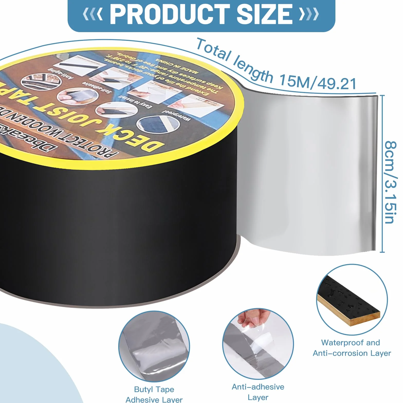 DBREAKS Ruban Adhésif en Butyle pour Terrasse, 80mm x 15m, Bande de Protection Lambourde (1 Rouleau)