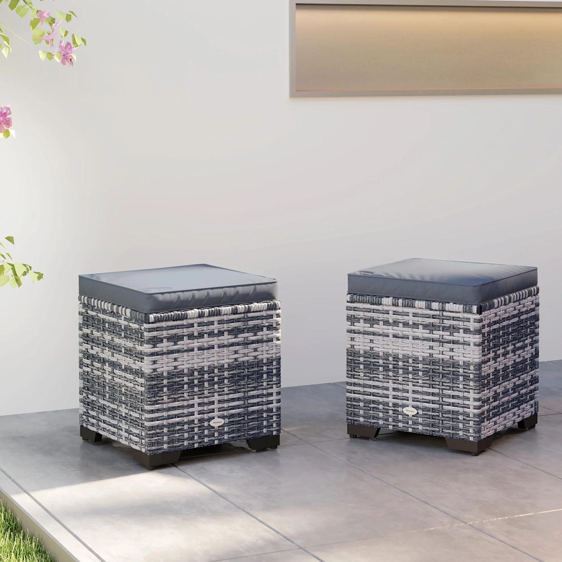Outsunny Lot de 2 poufs de rangement en rotin avec coussins amovibles - Gris foncé