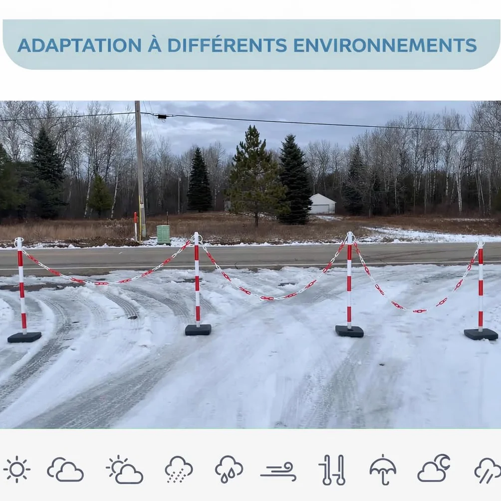 Poteau Délimiteur de Trafic 40''/100cm avec Chaîne 20FT/600cm et Base Remplissable Sable/Eau 4 Pièces