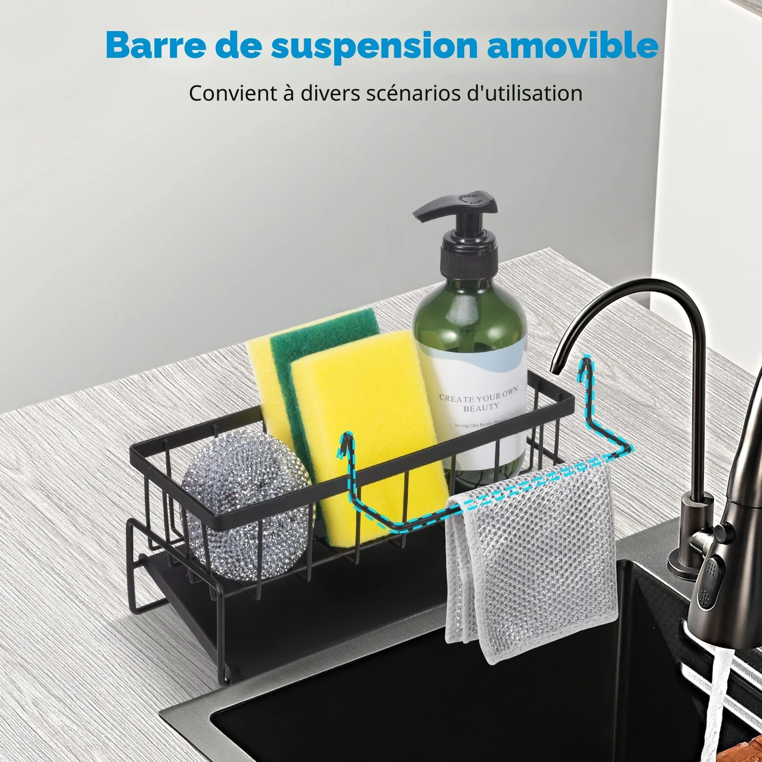 Support d'évier de cuisine en acier inoxydable avec vidange automatique, porte-serviettes et porte-éponge