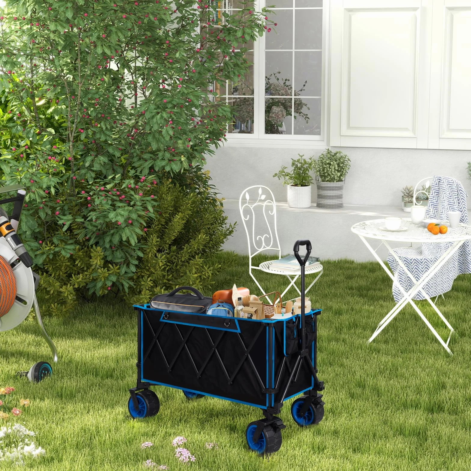 WOLTU Chariot de Jardin Pliable 120kg Tissu Oxford Acier Noir Bleu