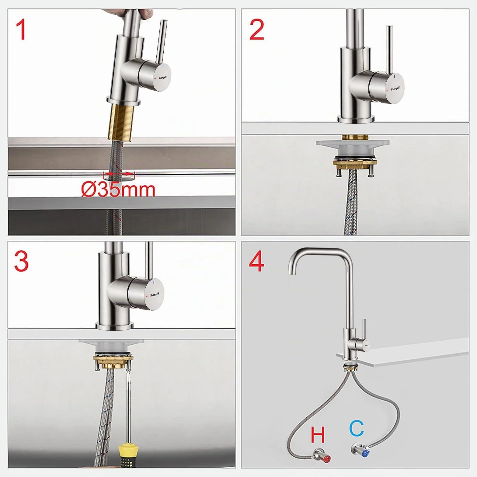 Ibergrif mitigeur monocommande acier inoxydable brossé pivotant 360° haute pression bec 28 cm design d'angle moderne