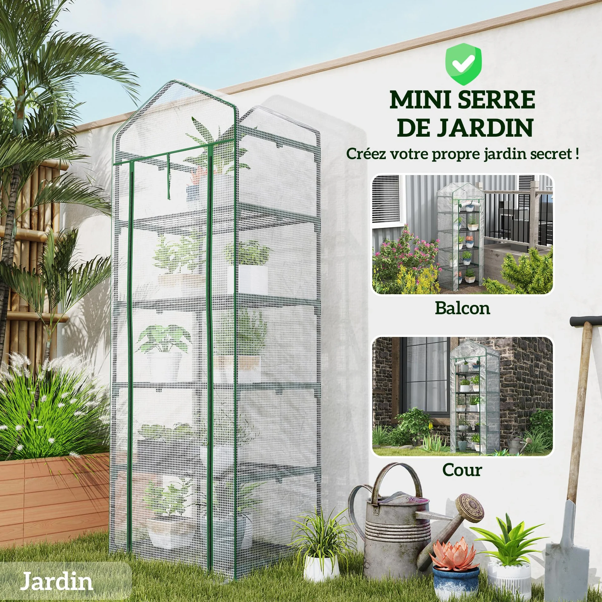 Outsunny Serre de Jardin PE avec étagères 5 Niveaux, Serre de Balcon, bâche renforcée, châssis en Acier, Porte zippée Enroulable, pour légumes Plantes Fleurs, 69 x 49 x 193 cm, Blanc