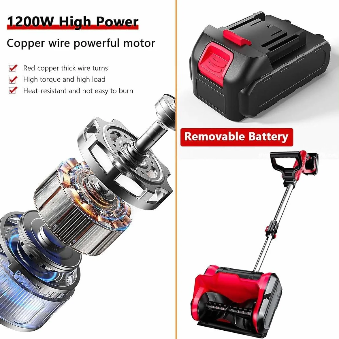 Souffleuse à Neige 1200W sans Fil 20V Batterie, Largeur 32cm, Hauteur 16cm, Distance 8m