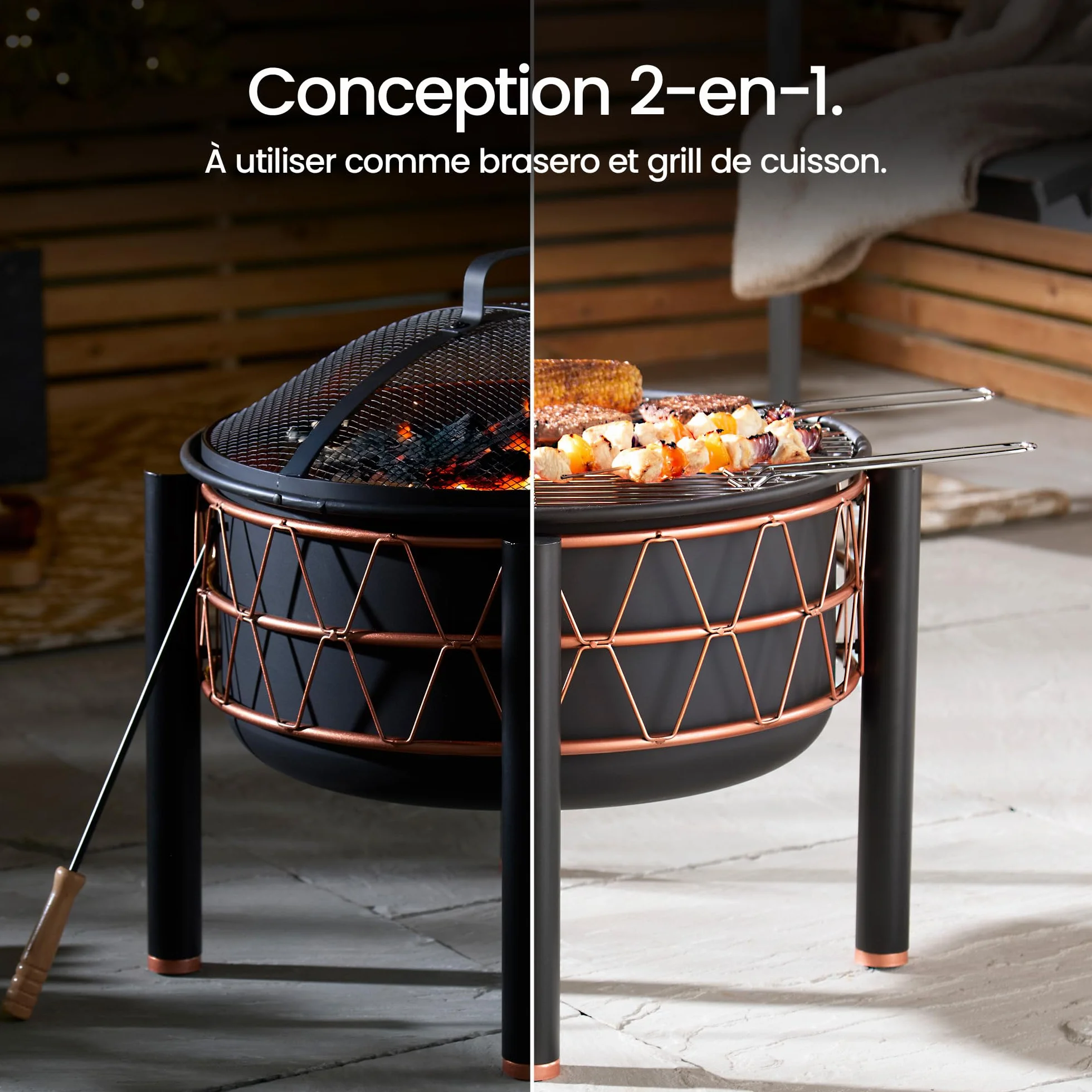 VonHaus Brasero 2-en-1 avec Grille BBQ Jardin Terrasse Extérieur Acier Noir Détail Cuivre Tisonnier Couvercle Maille Inclus Bois Charbon