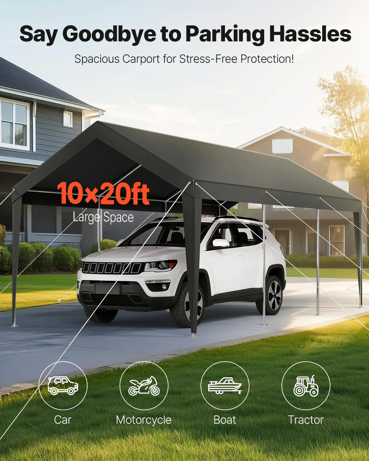 VEVOR Carport, 3,05 x 6,09 m, Abri de Voiture Robuste avec Cadre en Acier, Abri de Garage Extérieur, Résistant aux UV et à l'eau, Protection Toutes Saisons, Auvent pour Voitures, Bateaux, Moto, Gris