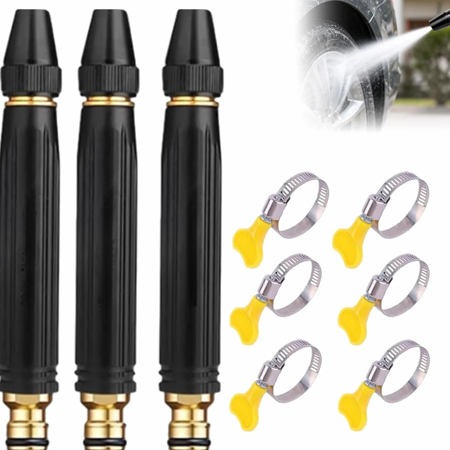 Douille de tuyau haute pression 360°, avec buse renforcée et 2 colliers de serrage, 3 types de jet, puissante arroseuse à eau 10 fois plus performante pour le nettoyage des voitures, tuyau de jardin