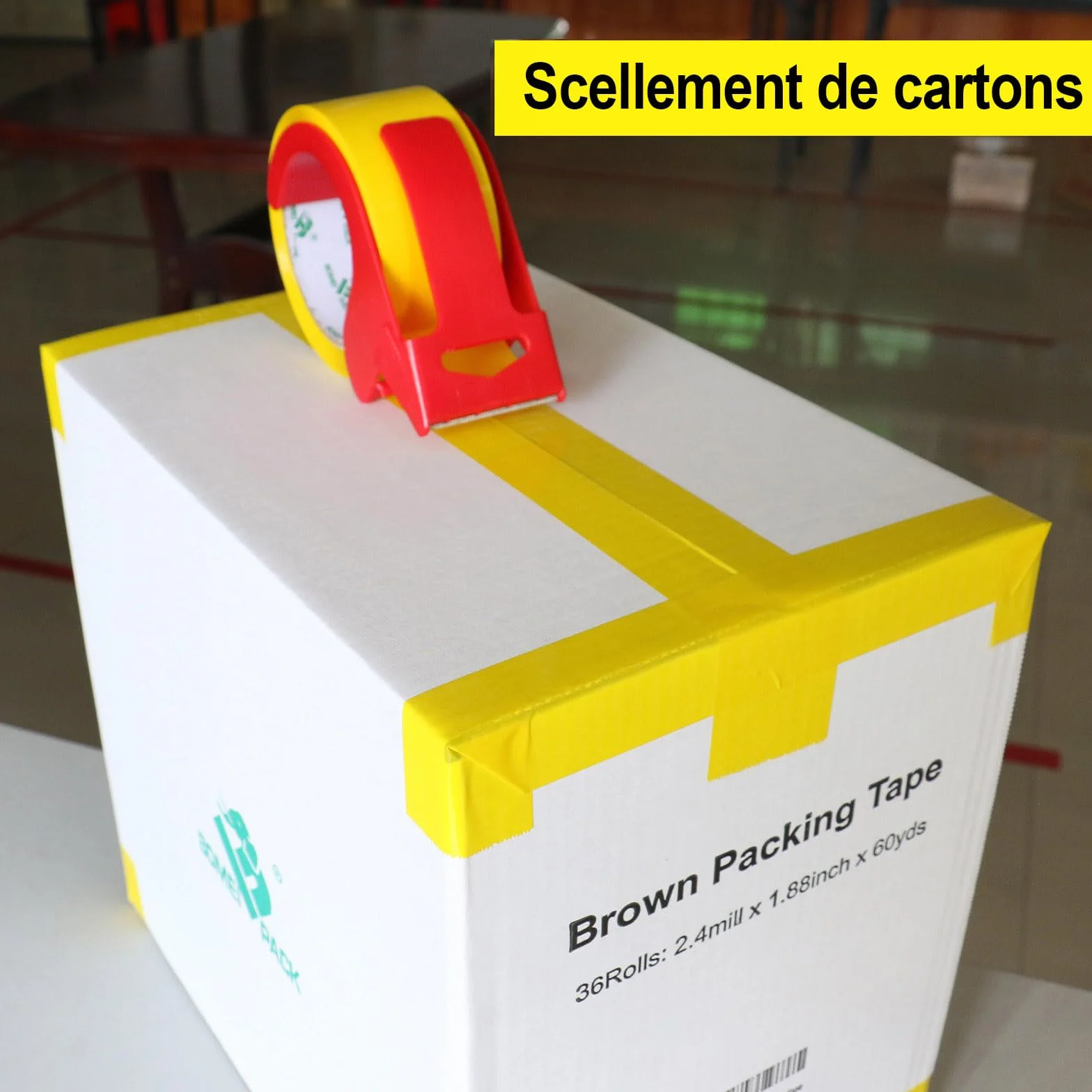 BOMEI PACK Ruban d’emballage 66m x 48mm 3 rouleaux avec dévidoir adhésif fort Jaune