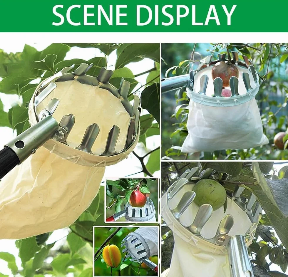 HEYIDAMAI Récolteur de fruits, récolteur de pommes, aide à la récolte 453 cm, pince à fruits facile à monter, récolteur de cerises avec rallonge légère en acier inoxydable, tige de connexion et sac en