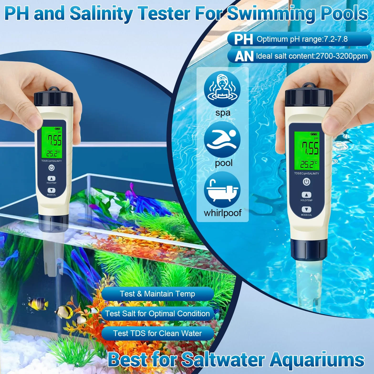 PH Mètre Électronique 5 en 1, PH/TDS/EC/Salinité/Thermomètre, Testeur de pH pour Piscine avec Écran LCD et Compensation Automatique de Température, Testeur d’Eau pour Piscines, Eau Potable, Hydroponie