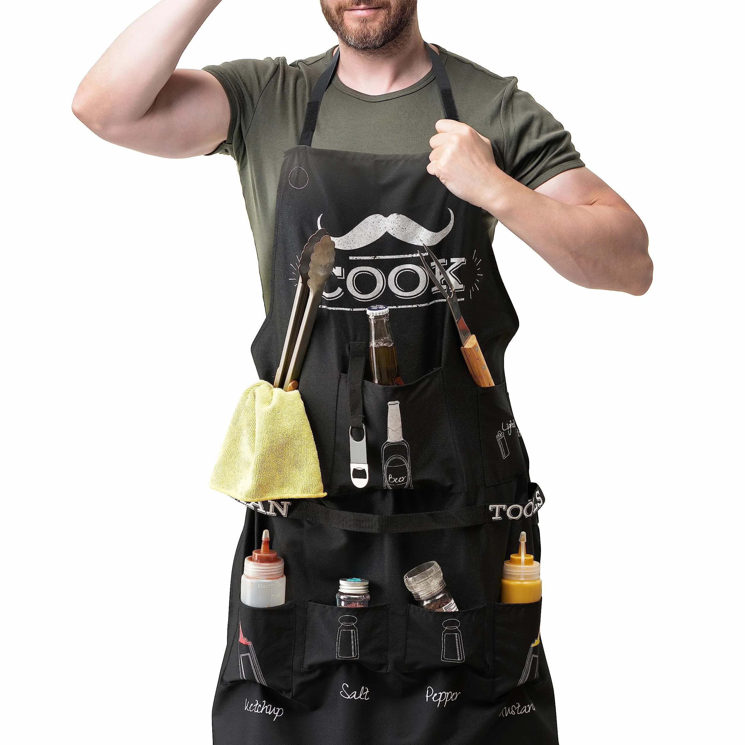 BRAMBLE Tablier BBQ Drôle pour Hommes, Tablier de Barbecue avec Capuche, 7 Poches & Décapsuleur Inclus - Cadeau Original Rigolo pour Noël, Anniversaires, Saint Valentin & Fête des Pères