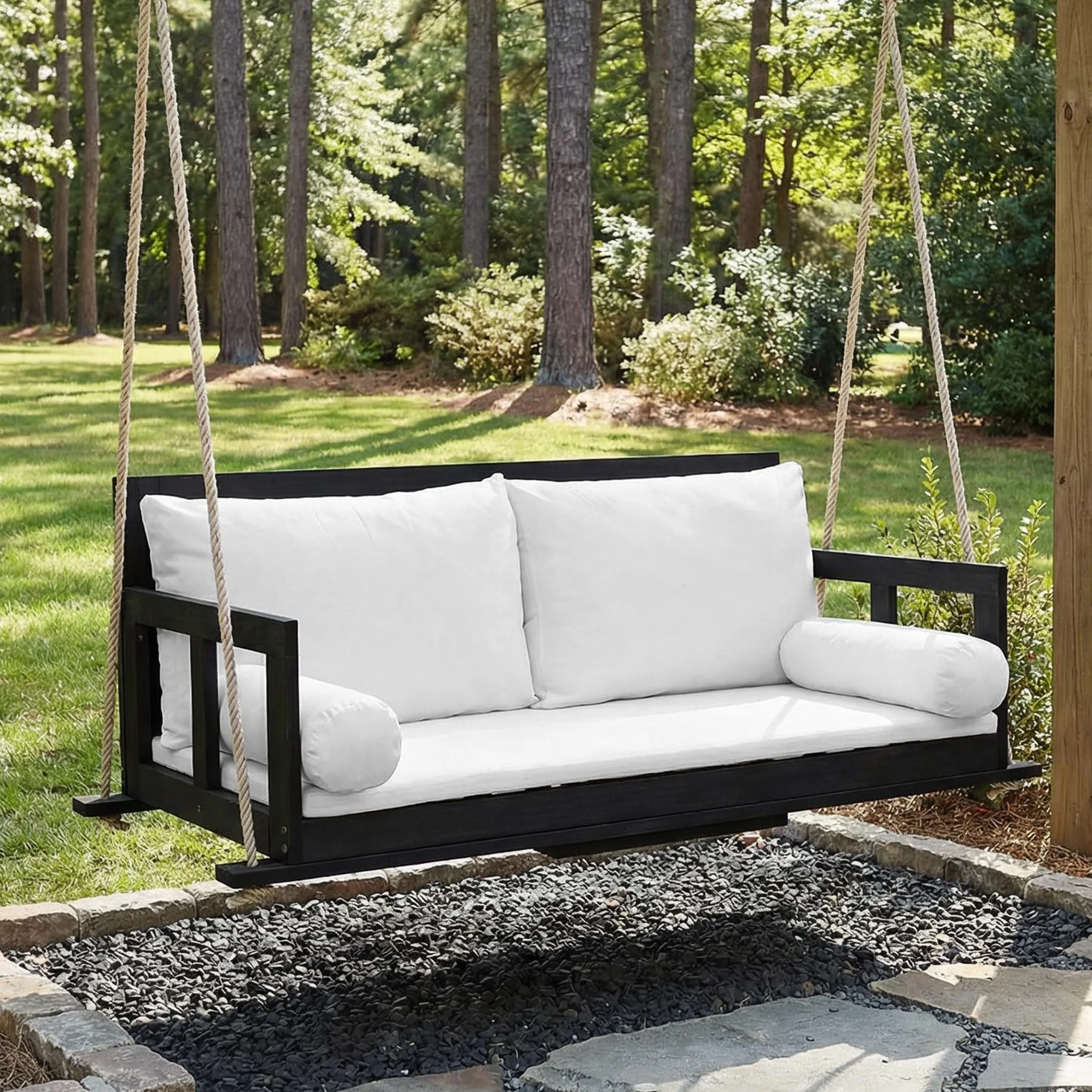 Merax Balançoire double en bois d'acacia, balançoire suspendue pour jardin avec coussin amovible et lavable, coussin d'accoudoir et 2 cordes de suspension, bois massif, noir