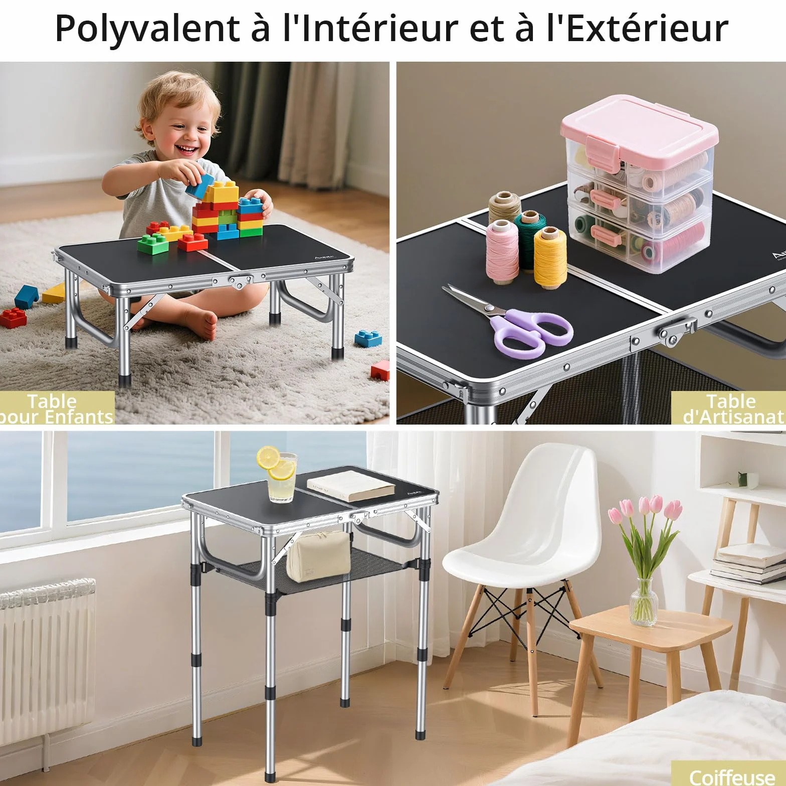 Anbte Table de Camping Pliante avec Rangement Net 3 Hauteurs Aluminium MDF Noir