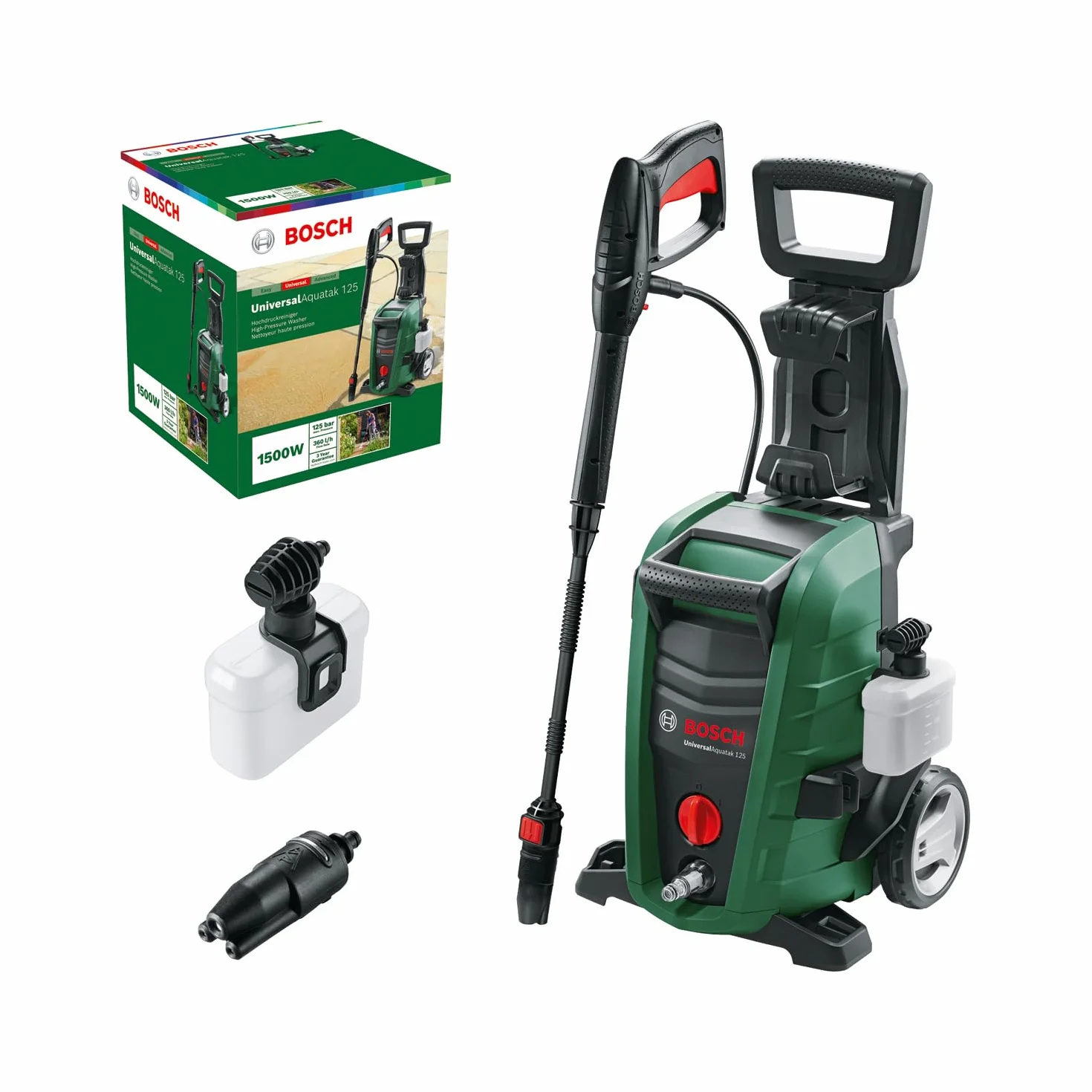 Bosch Nettoyeur Haute-Pression UniversalAquatak 125 (2 Buses, Filtre à Eau Transparent, Pistolet Haute Pression, Tuyau de 5 m, câble de 5 m, Carton, 1500 W, Pression: 125 Bar, débit Maxi: 360 l/h)