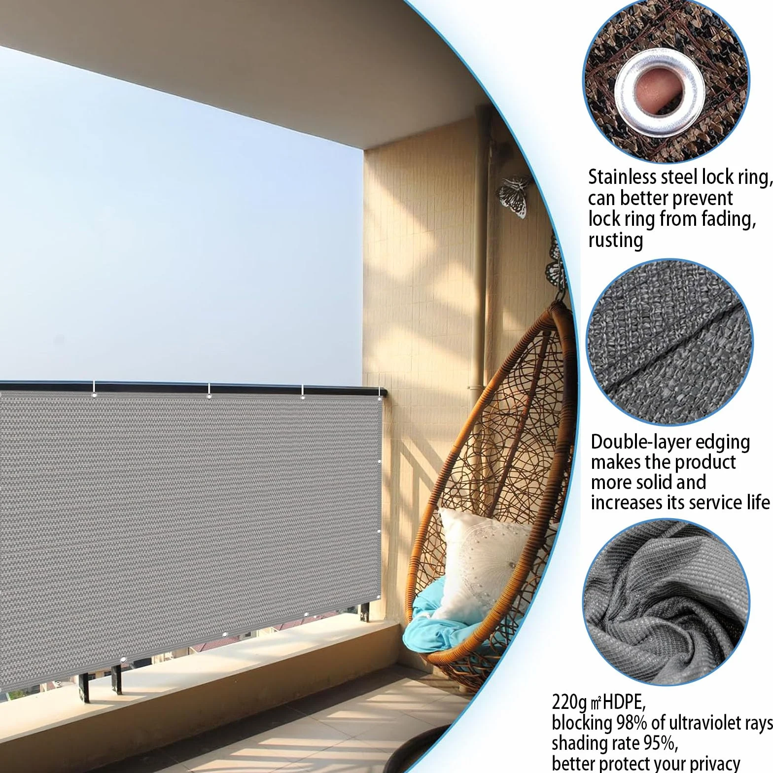 Brise Vue pour Balcon 90 x 270 cm Opaque, Respirabilité, Résistant Au Vent Brise-Vue pour Balcon Jardin avec Oeillets, Attaches de Câble et Cordons, pour Jardin, Jaune Sable