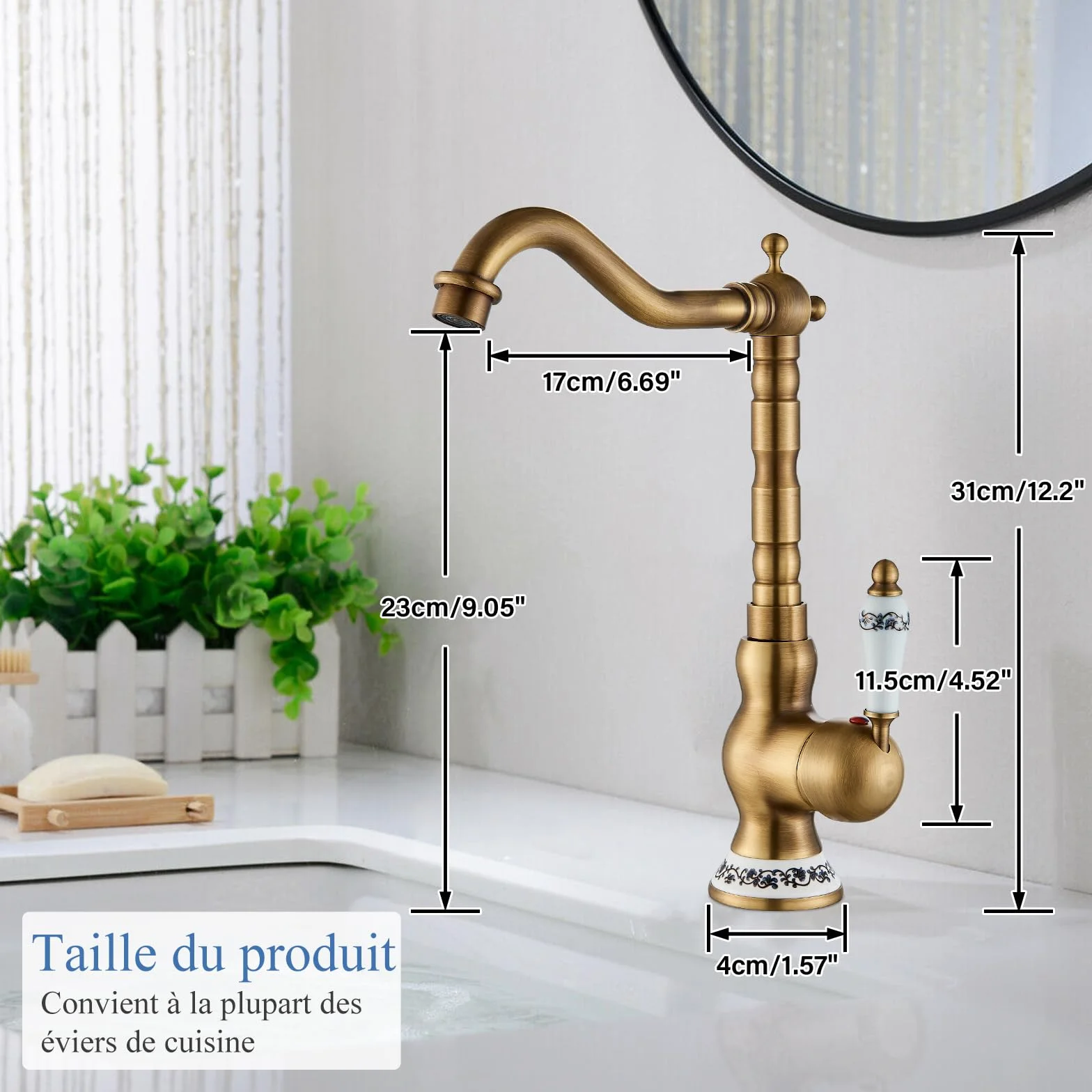 Robinet Mitigeur Cuisine Salle de Bains Cuivre Antique Levier Unique Bec Pivotant Style Rétro