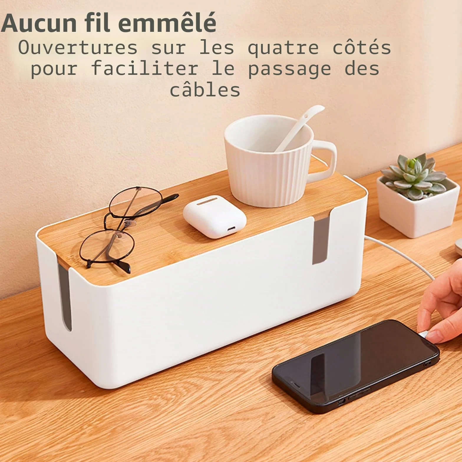 Boîte Range Câbles Grande 30 x 12 x 12 cm Blanc Cache Multiprises et Chargeurs Bureau Maison