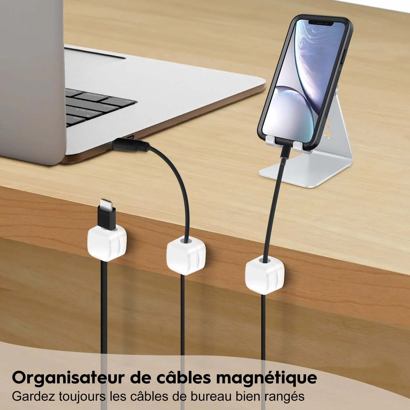 Supports de Câbles Magnétiques Adhésif Puissant - Lot de 6 Organisateurs de Câbles de Charge pour Bureau, Maison, Voiture (Blanc)