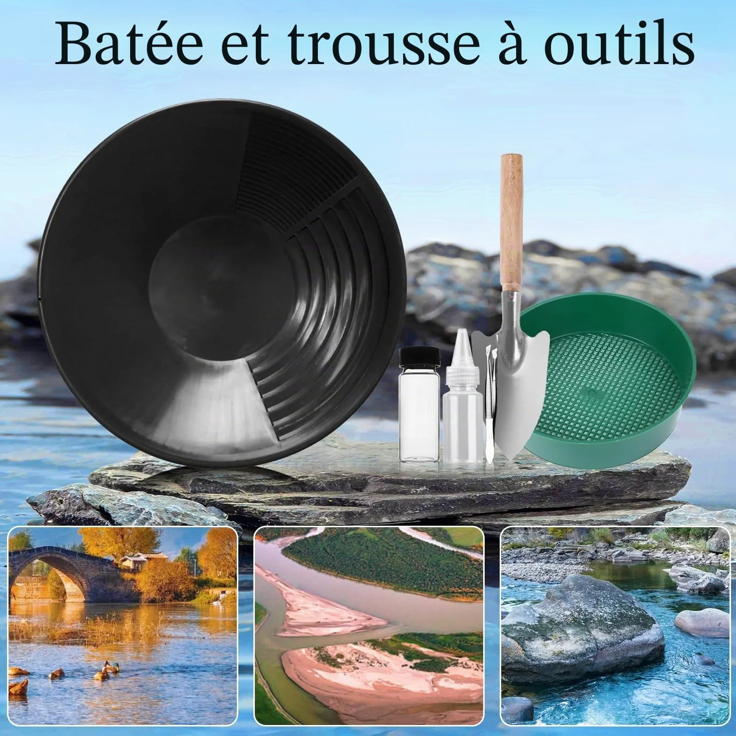Kit Orpaillage, Batee Orpaillage, Gold Pan Kit, Rampe Orpaillage, Gold Tamis Classificateur Plateau Tamis Accessoire, pour Sable Or Mines Lavage Manuel Or Panning
